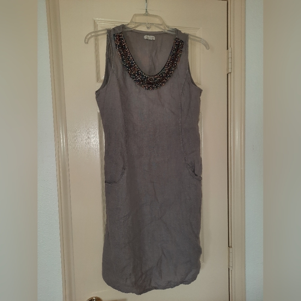 Lina Tomei Womens Dress Size S Gray Linen Stretch Beaded Neckline summer - Picture 1 of 8